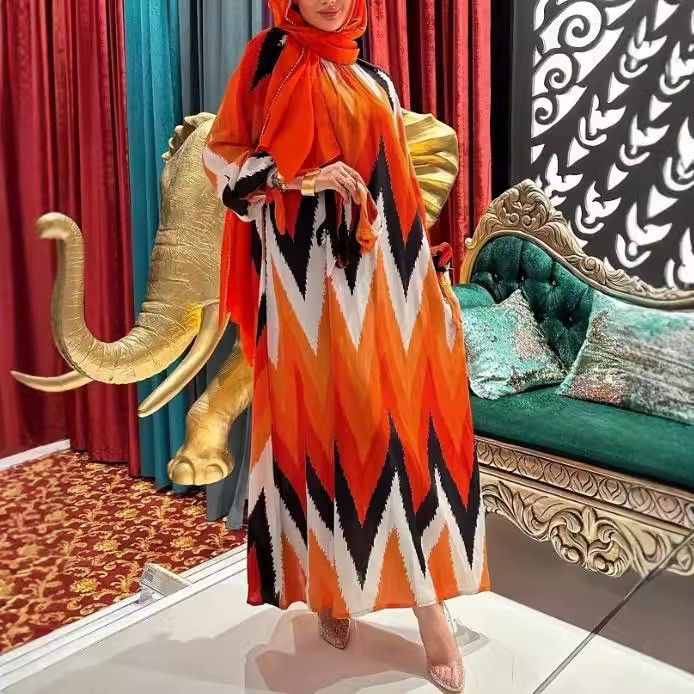 Premium Muslim Abaya Dress – Elegant Hand-Painted Chiffon Maxi Dress With Belt, Modest Long Sleeve Kaftan For Women, Breathable & Stretchy_voghion.com