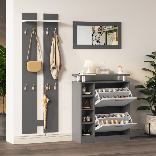 Wandgarderoben-Set 80 X 25 X 96,5 Cm, Inkl. Spiegel, 2 Wandpaneelen, Einer Regalwand Und Einem Schuhschrank, Korpus Anthrazitgrau Matt, Flurmöbel, Flurtrockenständer, Flurgarderobe, Schuhwechsler-Set,_voghion.com