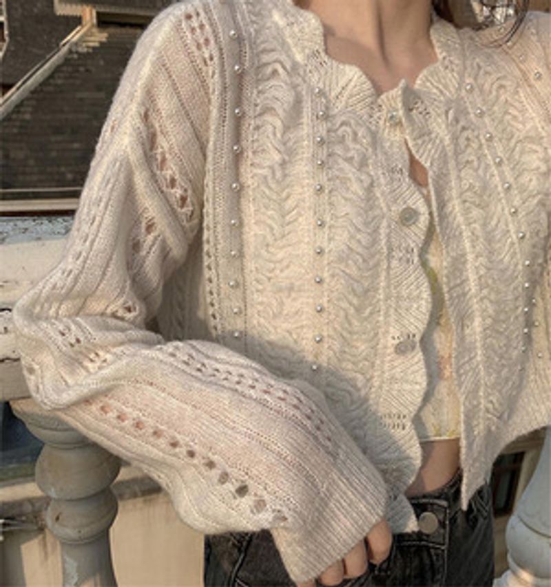 Damen-Mohair-Jacke im sanften Stil, süße, hohle Jacke für Damen, kurzes, perlenbesetztes Blütenblatt-Strickoberteil_voghion.com