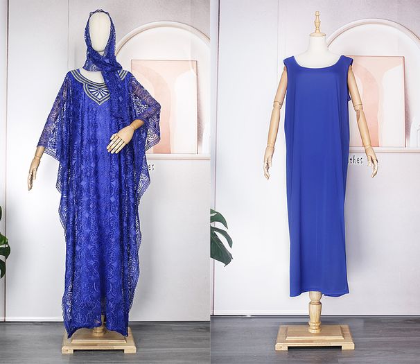 Γυναικεία Ρούχα, κεντημένη δαντέλα, φόρεμα με χαλαρά μανίκια νυχτερίδας, γιλέκο τριών τεμαχίων με μαντήλι στο κεφάλι_voghion.com