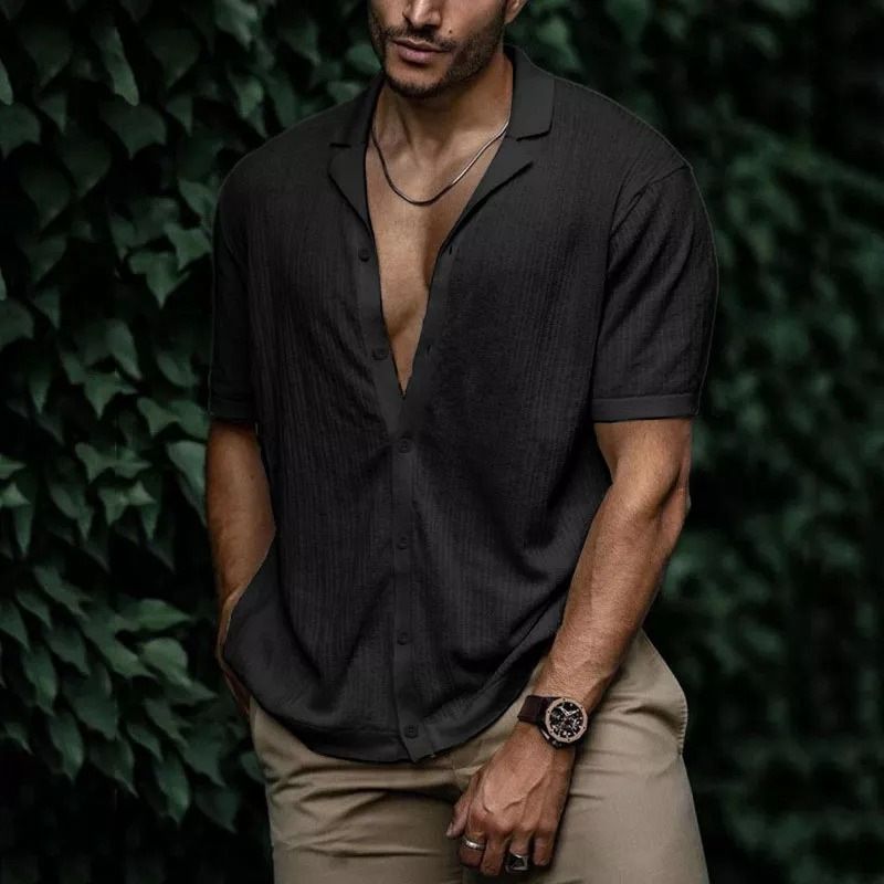 Abbigliamento da uomo Camicia casual semplice da uomo in tessuto morbido tinta unita a maniche corte con risvolto_voghion.com