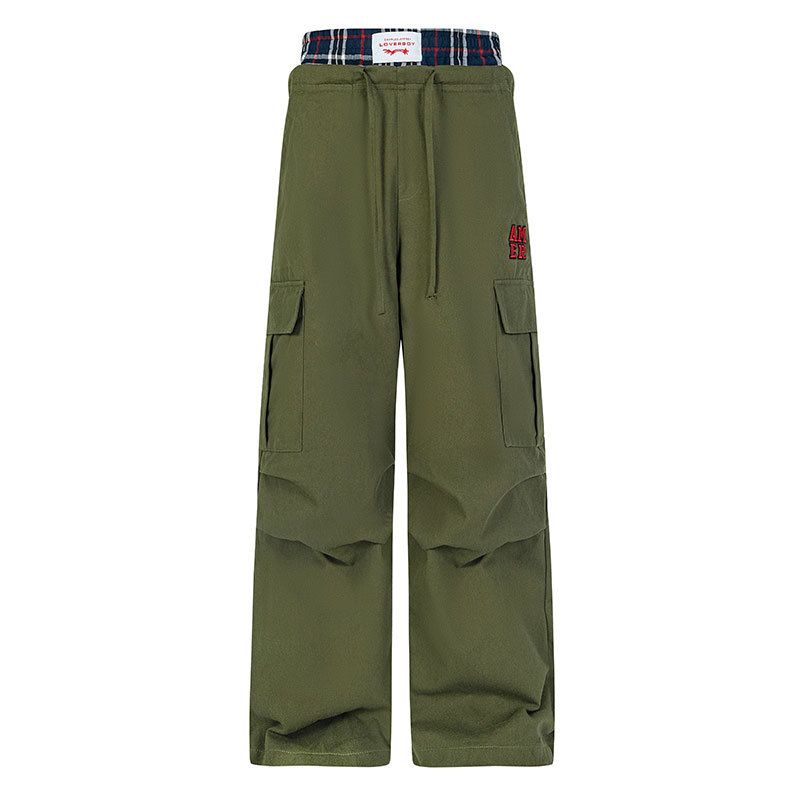 Men's Clothing Retro Double Waist Plaid Patchwork Casual Pants High Waist Two Piece Sports Workwear Mopping Pants_voghion.com