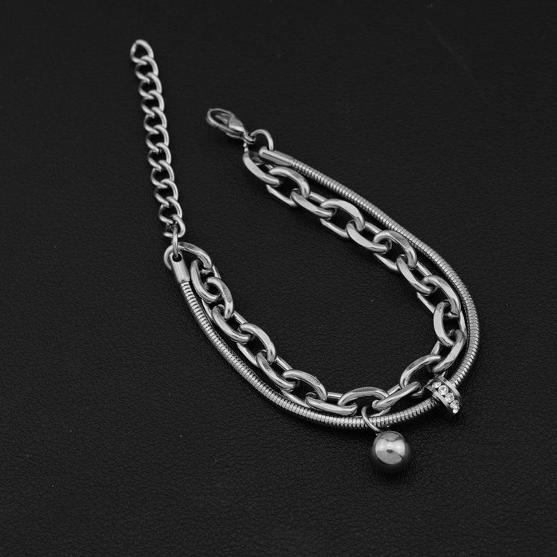 Non-Fading Titanium Steel Double Layer Cuban Bracelet With Diamond Ball, Trendy Brand, High-End Minimalist Hip-Hop Style_voghion.com