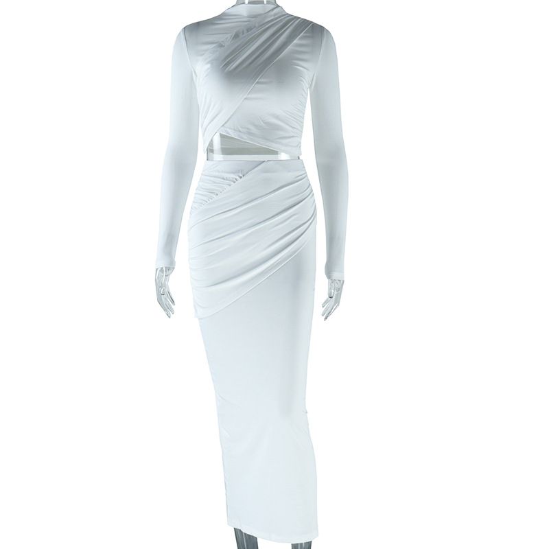 Completo da donna in due pezzi con pieghe, composto da canottiere irregolari con scollo rotondo e gonna lunga casual coordinata per feste femminili_voghion.com
