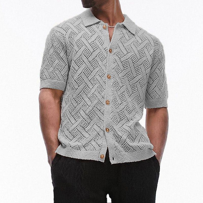 Men's Clothing summer sweaters men's polo collar short sleeved hollow cardigan 2024 new muscle men's wear_voghion.com