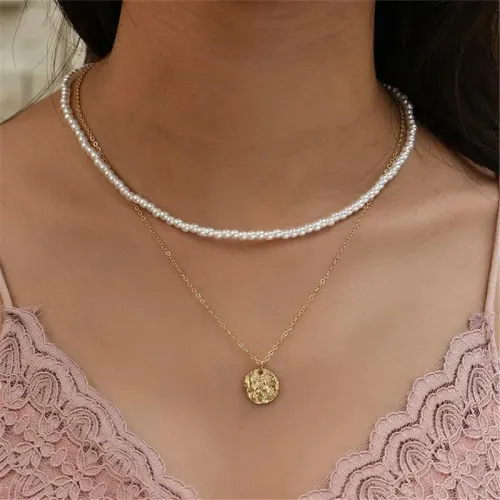 Anhänger Halsketten Mode Multilevel Künstliche Perle Geometrische Gold Textur Münze Halskette Für Frauen Boho Vintage Choker_voghion.com