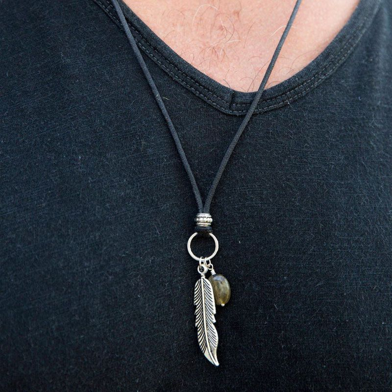 Herren Türkis Antik Messing Feder Unisex Boho Leder Bohemian Lange Halskette_voghion.com