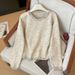 girl Lazy Long Sleeve Loose Slimming Top For Women, Fashionable Rhinestone Round Neck Pullover, Solid Color Simple Knitted_voghion.com