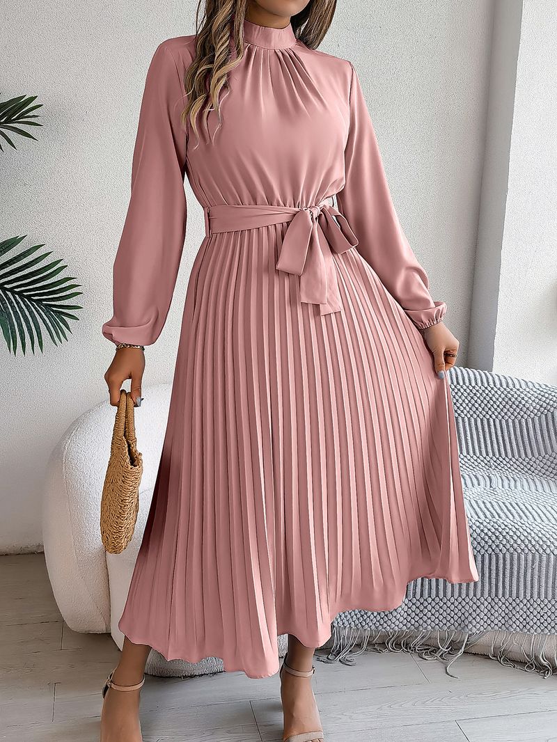 Women's Clothing Elegant Stand Up Collar Long Sleeve Waist Pleated Long Skirt Small Dress_voghion.com