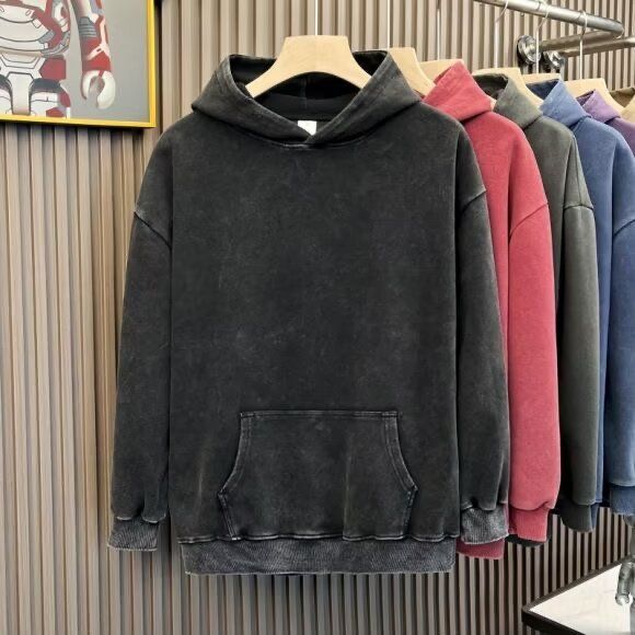 Old Washed Hooded Sweatshirt For Men With Dropped Shoulders And Thick Solid Color Hoodie_voghion.com