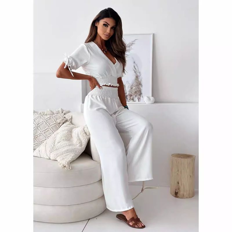 Tailleur-pantalon uni à manches cinq points pour femme – Tenue décontractée de style européen et américain_voghion.com