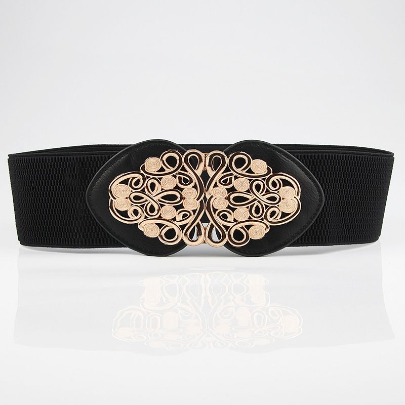 Palace Retro Schnitzerei Blumendekoration Schnalle extra breiter Gürtel Damen ethnischer elastischer Gürtel_voghion.com