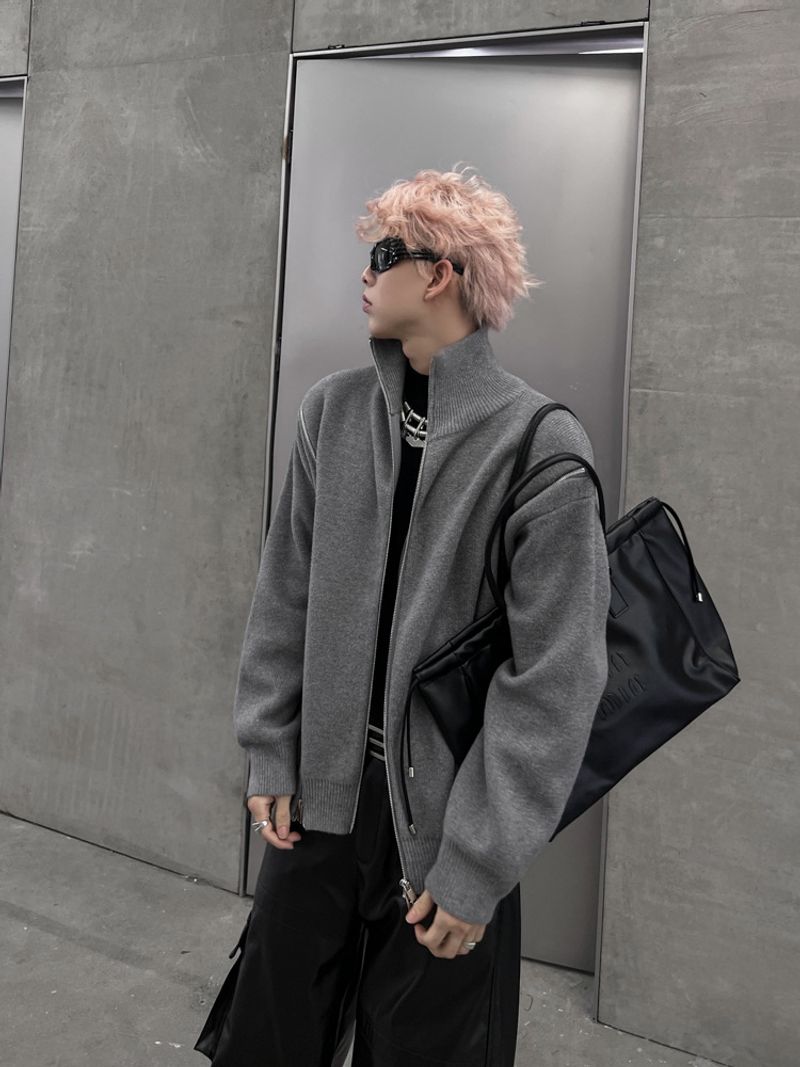 New men's cardigan with zipper and high neck sweater, men's high-end design, loose and casual knitted sweater_voghion.com