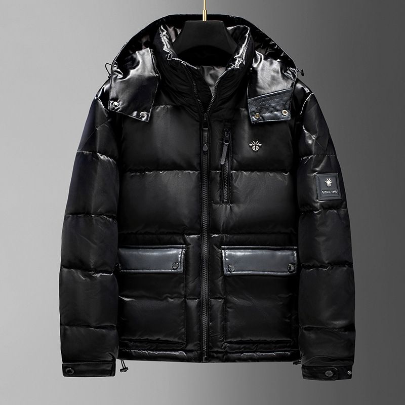​​Herren-Daunenjacke mit abnehmbarer Kapuze – 700FP Wintermantel aus weißen Entenfedern, winddichter, schmal geschnittener Parka mittlerer Länge (Schwarz, M-3XL)​​_voghion.com
