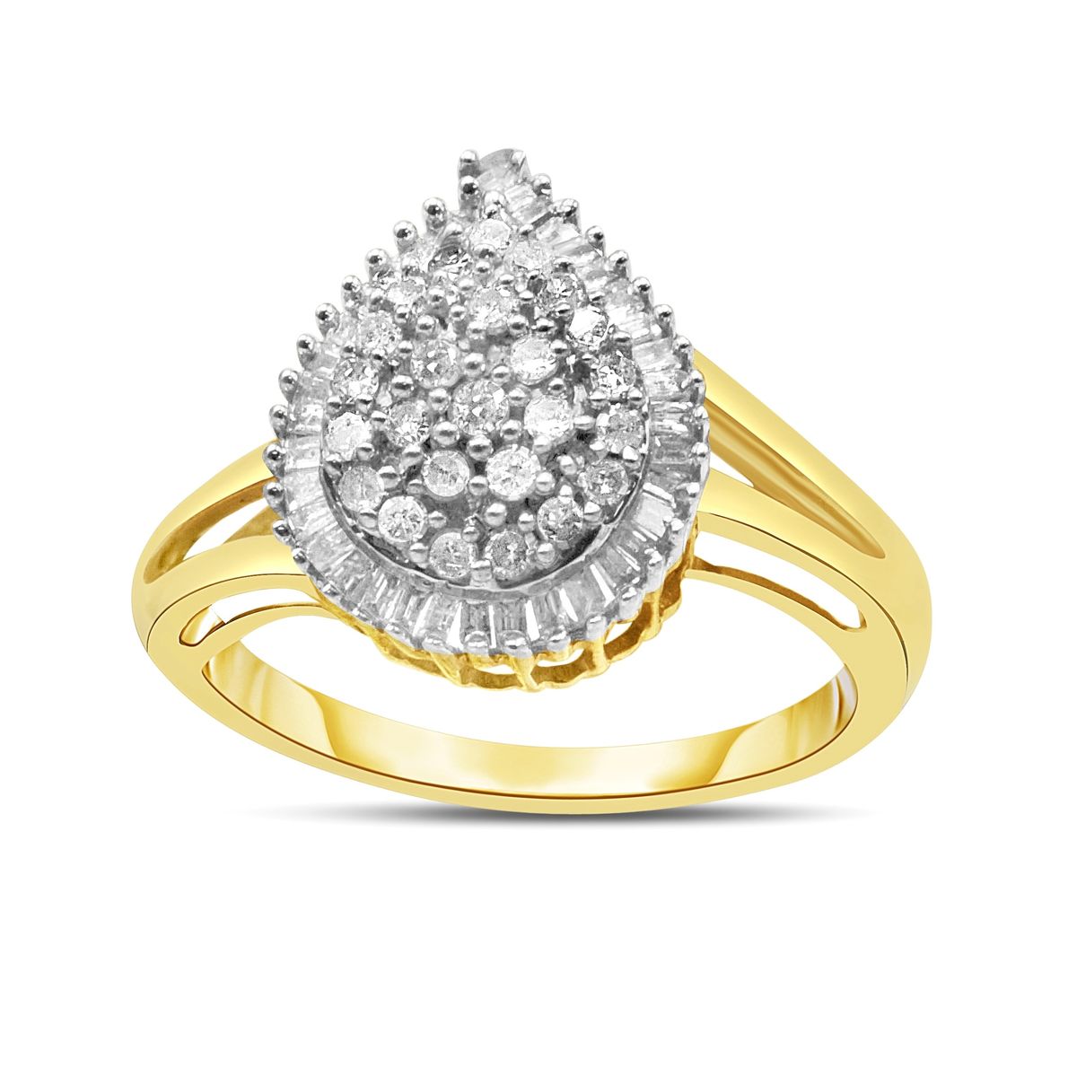 10K Yellow Gold 1/2 Cttw Round and Baguette-Cut Diamond Pear Ring (I-J Color, I1-I2 Clarity) - Size 7_voghion.com