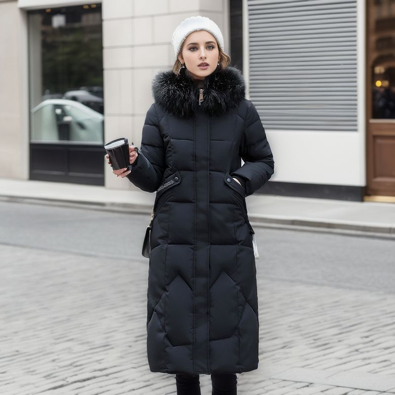 Cotton mid-length fashion slim over-the-knee big fur collar thickened cotton jacket trendy women's clothing_voghion.com