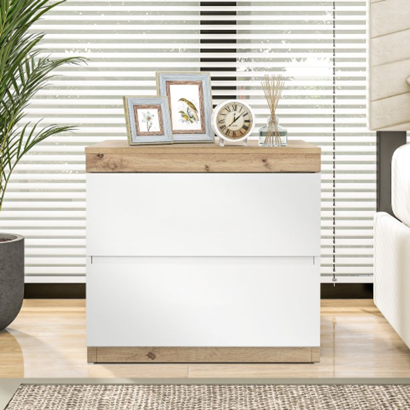 Nachttisch, Nachtschrank Mit Zwei Schubladen, Nachtkommode, Funktion Von Aufbewahrung, Für Schlafzimmer, E1-Spanplatte, Weiß+oak[OLD SKU:WF302107AAA]_voghion.com