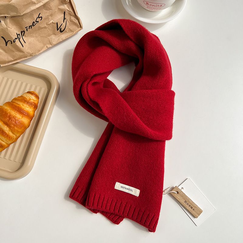 New Year Red Australian 100% Sheep Wool Scarf For Women Winter Solid Color Thickened Warm Protection Knitted Neck Warmer_voghion.com