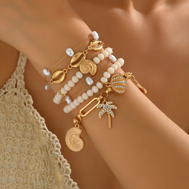 Bohemian Armband Großhandel Europäischen Und Amerikanischen Neue Urlaub Stil Reis Perlen Legierung Conch Shell Anhänger Armband Set_voghion.com