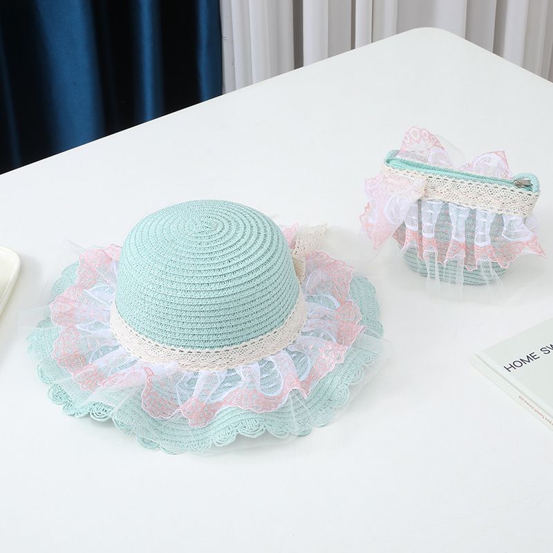 Kinder Sommer Mädchen Stroh Tasche Set Mesh Prinzessin Strand Baby Sonnenschutz Sonne Fischer Hut_voghion.com