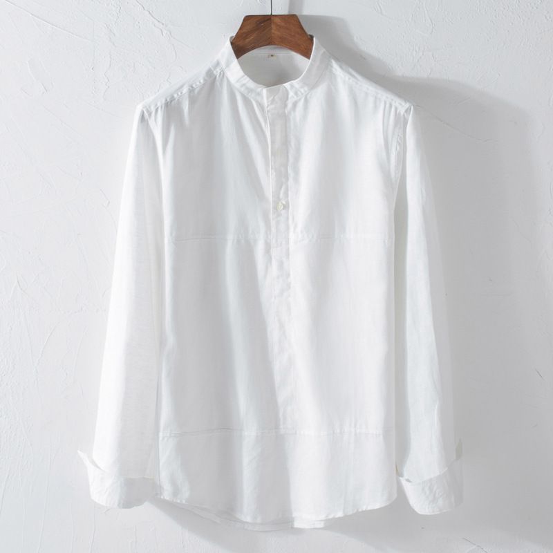 Herrenbekleidung Mode Lässiges Leinenhemd Stehkragen Slim Fit Einfarbiges Spleißen Langarmhemd aus Baumwolle und Leinen_voghion.com