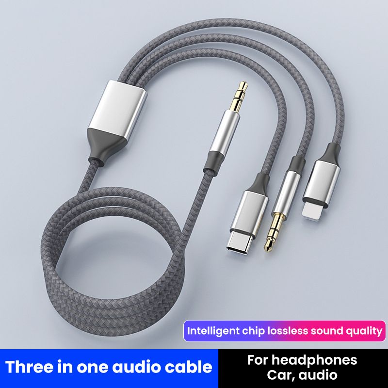 Câble auxiliaire jack 3.5mm/8 broches/Type C 3-en-1 3.5mm, adapté pour iPhone, iPad, tablette, haut-parleurs de voiture, casque_voghion.com