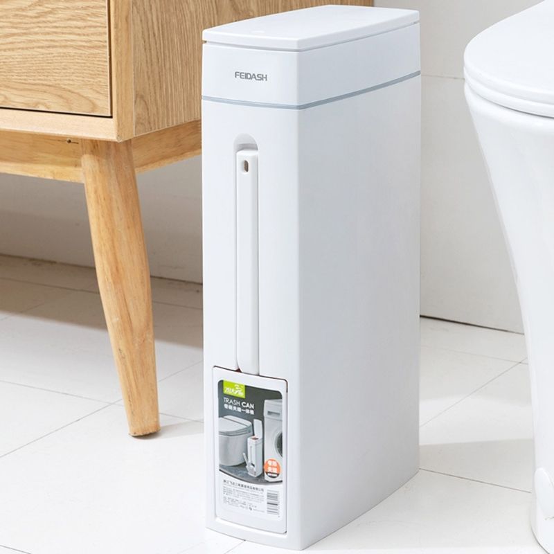 Slim Can Narrow Spaces with Cleaning Brush, Lid and Toilet Brush - Perfect for Bathroom Trash Garbage Bin_voghion.com