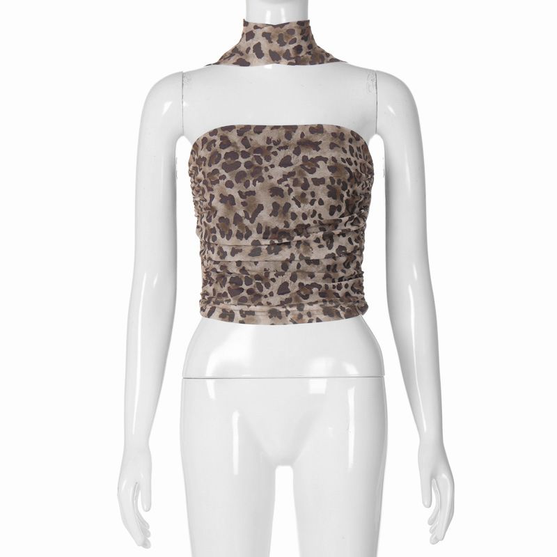 Feng 2024 Summer New Leopard Print Spicy Girl Pure Desire Wind One Line Collar Bra Slim Fit Small Tank Top_voghion.com