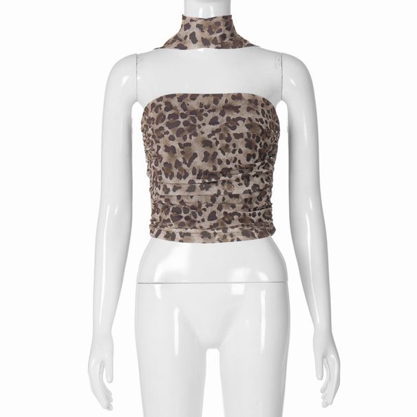 Feng 2024 Summer New Leopard Print Spicy Girl Pure Desire Wind One Line Collar Bra Slim Fit Small Tank Top_voghion.com
