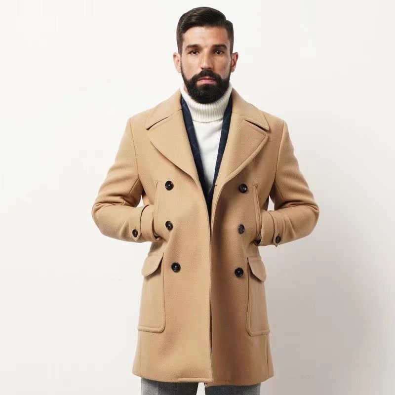 Autumn and winter men's British navy style mid length long sleeved coat, high-quality version woolen coat_voghion.com