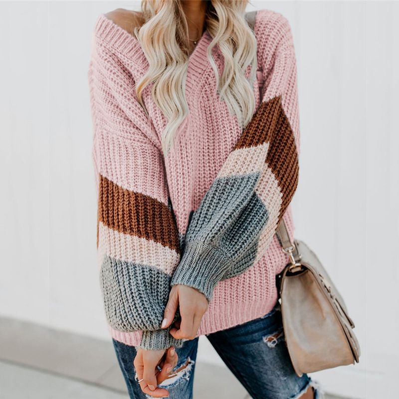 Women's heart V-neck lantern sleeve striped color matching sweater_voghion.com