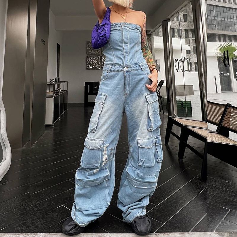 Women's fashion street style tube top waist figure hot girl multi-pocket denim overalls jumpsuit_voghion.com