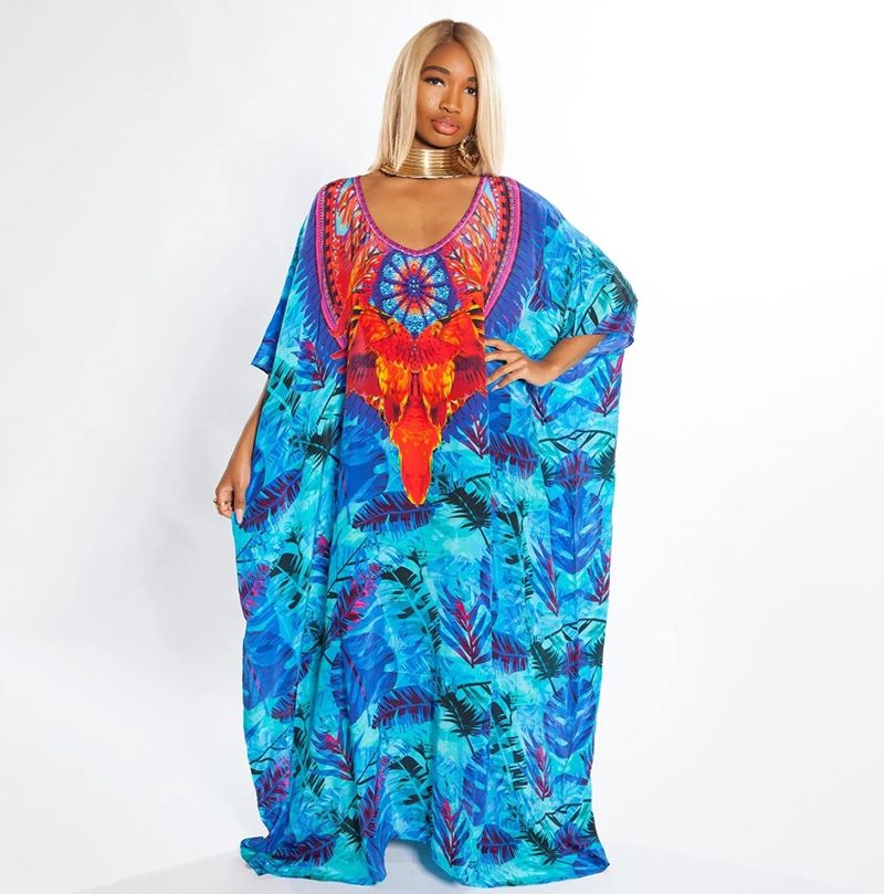 Bohemian Blue Leaf Print Beach Cover Up Dress - Flowy Long Sleeve Sunshade Tunic For Women, Bikini Wrap, Resort Wear, Vacation Essential_voghion.com