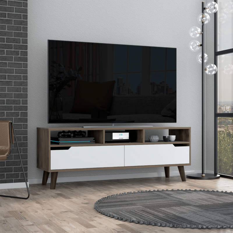 Tv Stand 2.0 For TV´s Up 52' Bull, Three Open Shelves,Two Drawers, Dark Brown / White Finish_voghion.com