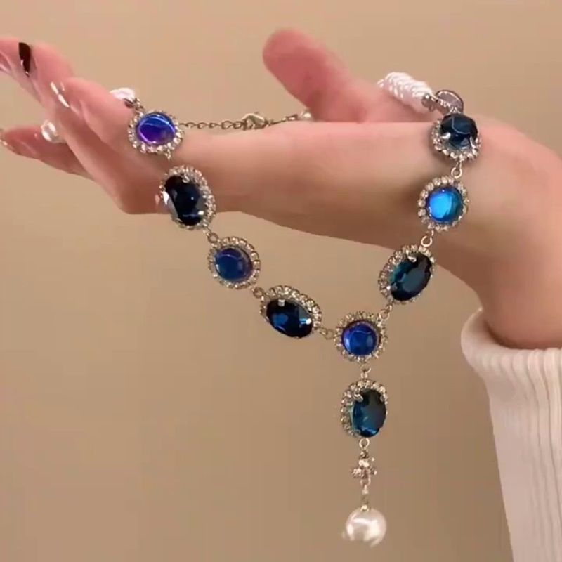 Court Style Blue Necklace Women's Light Luxury Niche New Popular High-end Cervical Chain Accessories Fringed Collarbone Chain Tide_voghion.com
