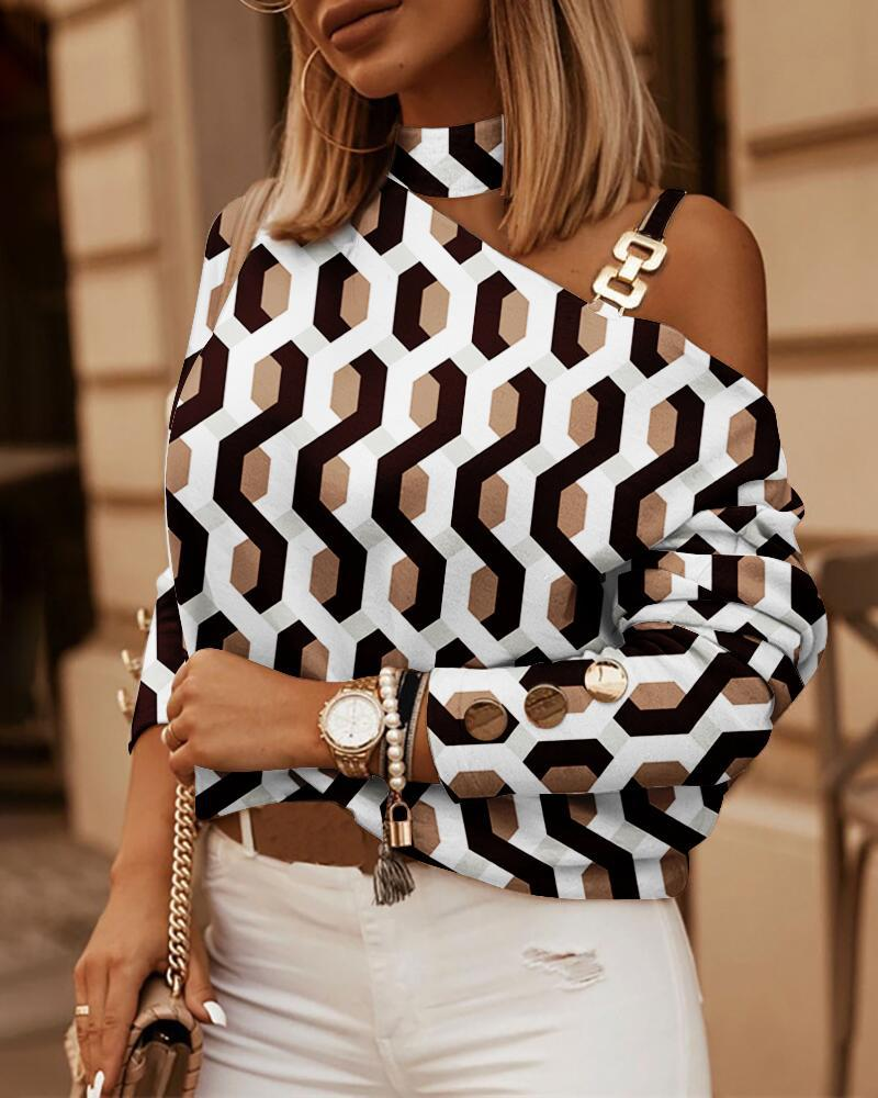 Autumn and winter popular women's printed button long-sleeved chain halter top_voghion.com