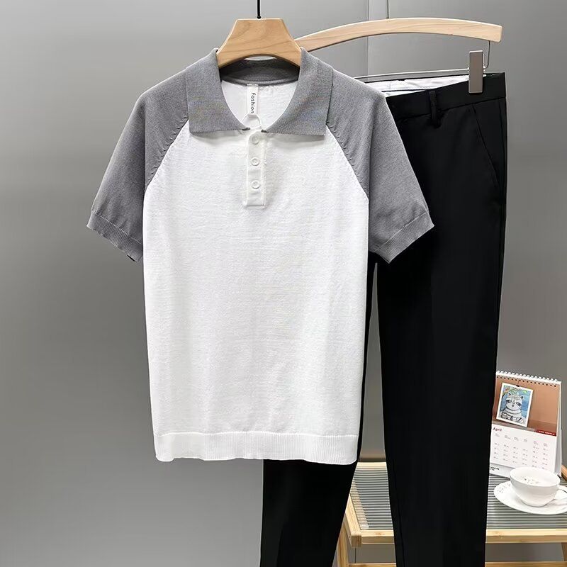 Herrenbekleidung, Modetrend, atmungsaktives Kurzarm-Strickhemd für Herren mit Farbblockdesign, knitterfrei und bequem für die Freizeitkleidung im Sommer_voghion.com