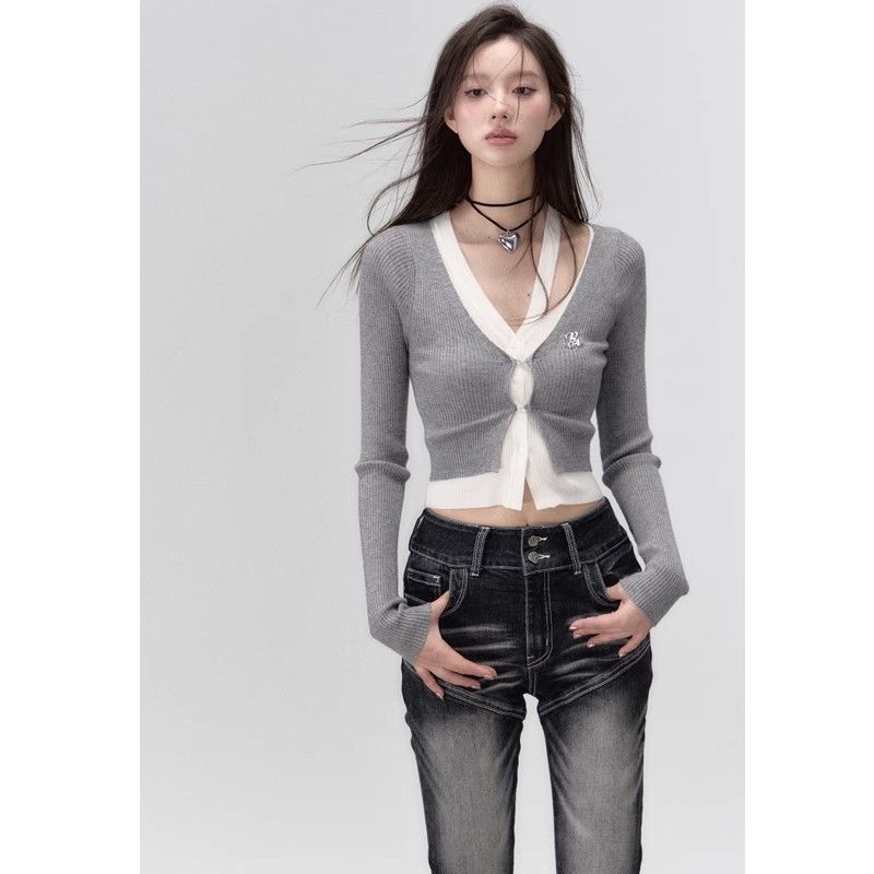 VIAPITTI short  two piece irregular design long sleeved knitted cardigan top for women, early autumn spicy girl_voghion.com