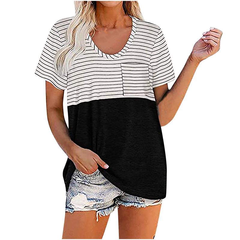 Maglietta estiva da donna a maniche corte, popolare, a righe, con tasche color block, casual, ampia, a maniche corte, abbigliamento da donna_voghion.com