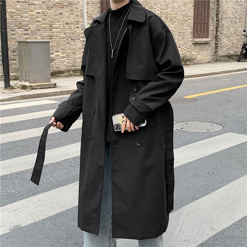 Men's Clothing Spring and autumn ins style double breasted mid length windbreaker men's handsome over the knee cape loose bf coat jacket_voghion.com