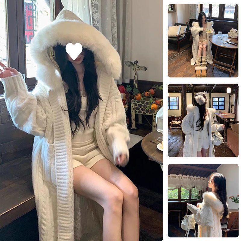 Veste pull blanche, style paresseux femme automne et hiver, cardigan tempérament mondain, col en fourrure de renard,_voghion.com