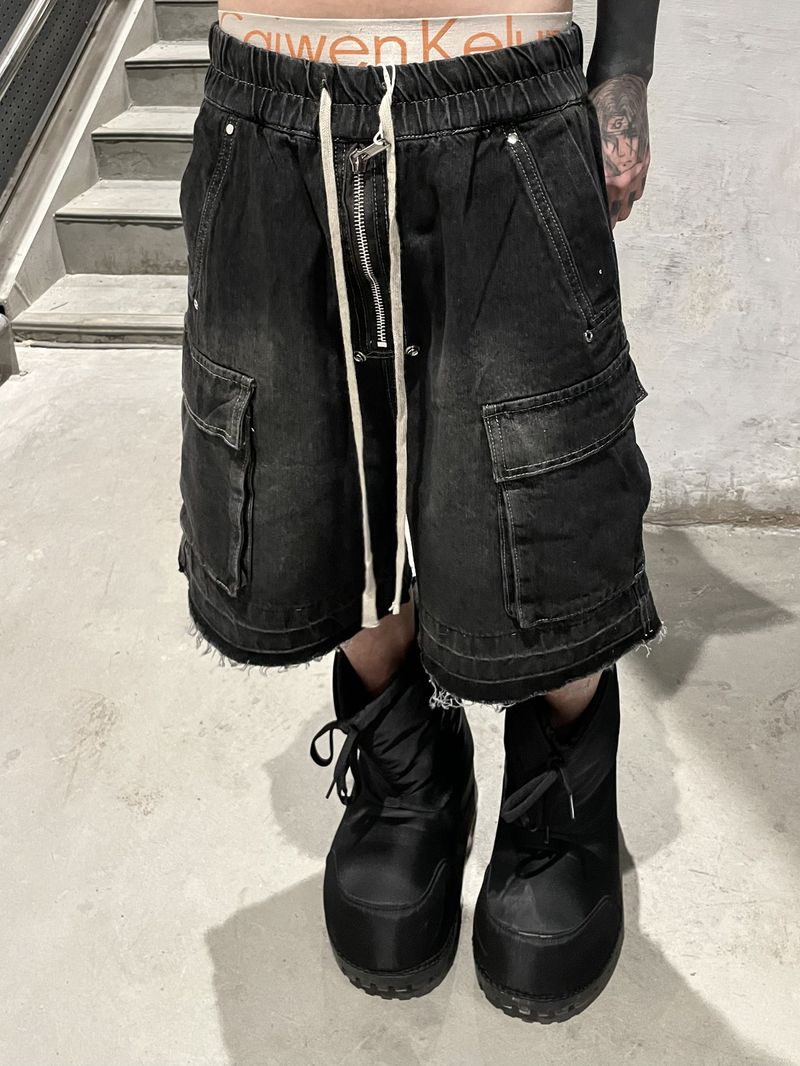 Abbigliamento da uomo High Street, pantaloncini dritti multitasche, con coulisse, bordo grezzo, larghi, in denim, con cerniera, effetto invecchiato, lavato e cenere_voghion.com