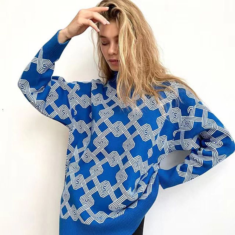 Women's Clothing Comfortable Half High Collar Jacquard Sweater Trendy Item Light And Soft Non Pilling Open Thread Pullover Sweater_voghion.com