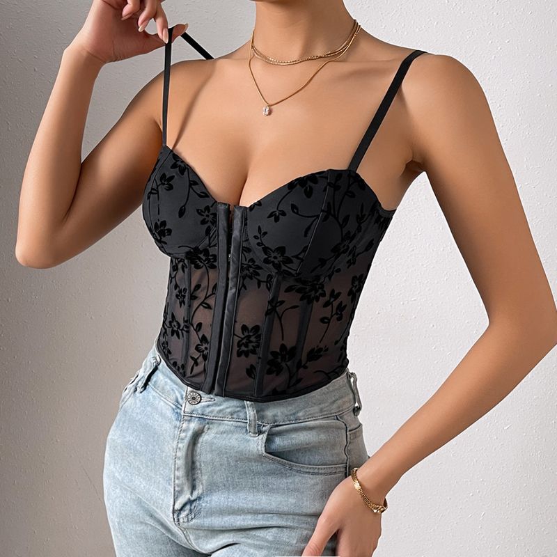 Women's clothing low-cut see-through suspender splicing mesh fishbone corset short top for women 11056_voghion.com