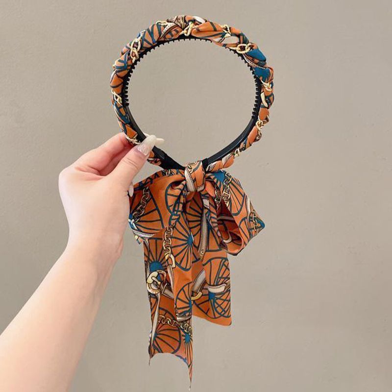 Retro ketting hoofdband, satijnen stoffen druk haarspeld hoofdband, streamer hoofdband, dames gebonden haarsysteem gevlochten haar hoofdtooi zomer_voghion.com
