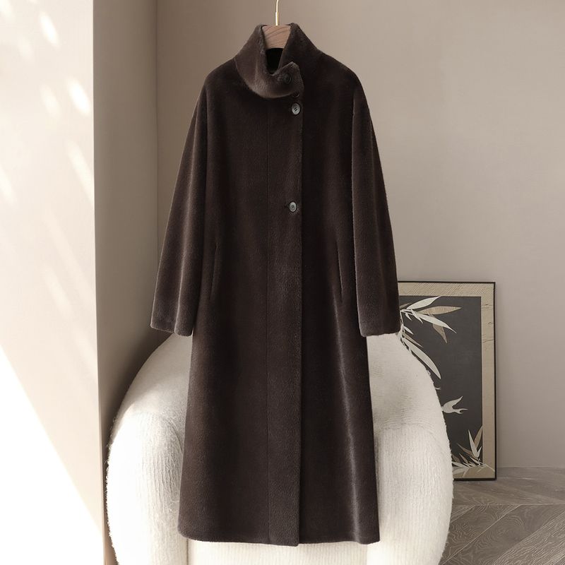 Manteau en velours de vison vegan pour femme – Veste en fausse fourrure à col montant, marron doré | Vêtements d'extérieur de printemps (P/M)_voghion.com