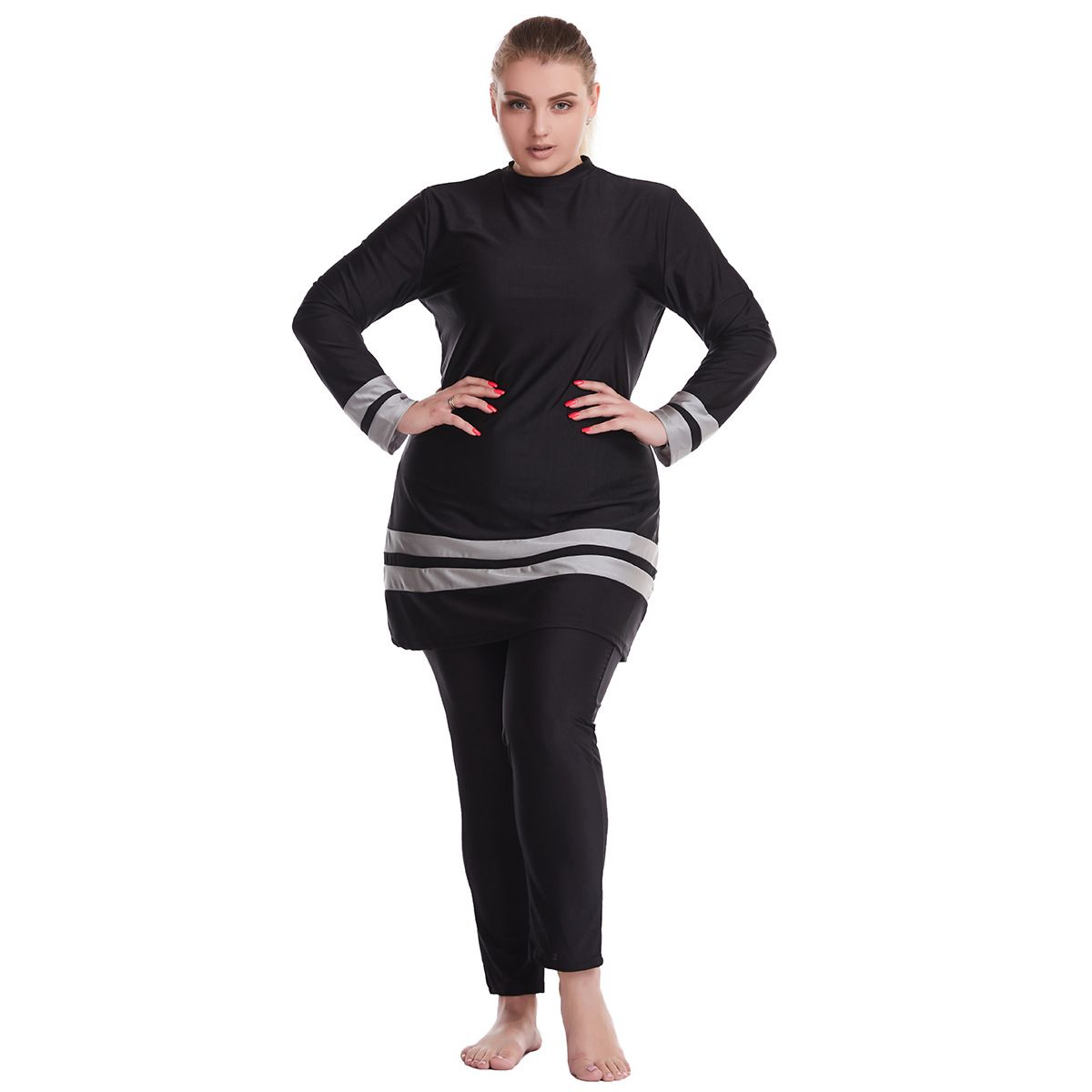 Verve Loose Plus Size Color-Block Costume da bagno conservatore per donna, protezione solare, viaggi in spiaggia, stile musulmano_voghion.com
