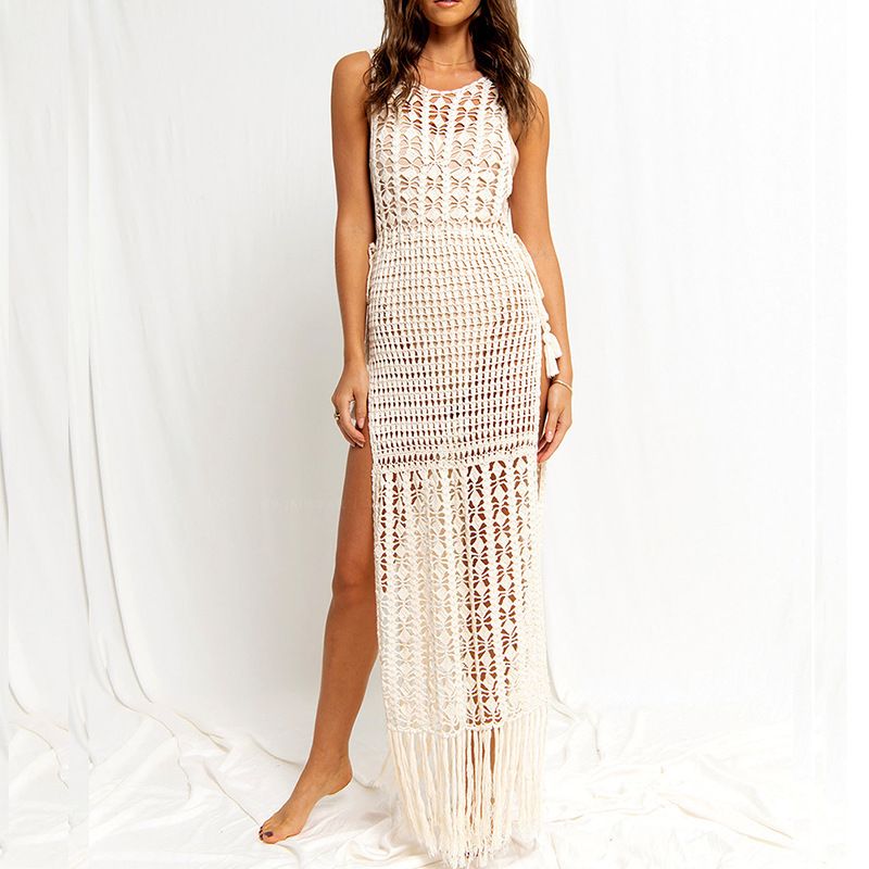 Women's Clothing Hollow Knitted Tassel Sexy Loose Dress Bikini Beach Elegant Lace Knit Fringe Cover-Up Dress - Flowy Beach Tunic & Bikini Wrap_voghion.com