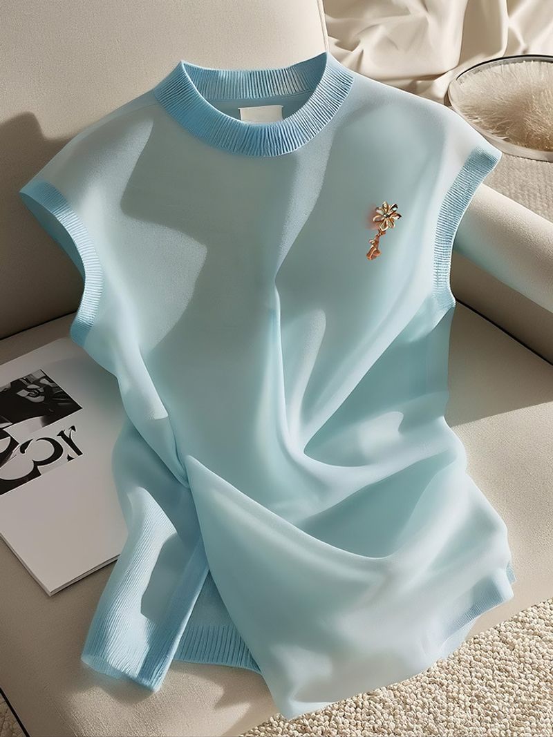 Bluză pentru femei, mânecă scurtă, tricotată, tricou de bază_voghion.com
