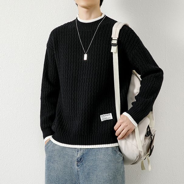 Herrenbekleidung Herbst und Winter Neue lockere lässige Halbrollkragen Langarm-Unterhemd Herren All-Match-Strickpullover_voghion.com